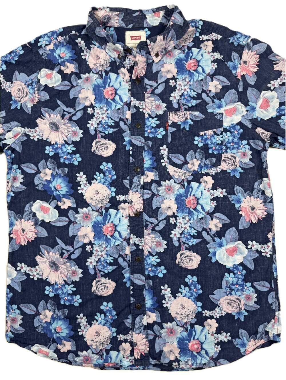 Levi's Men's Short Sleeve Shirt Large Navy Blue Multicolor Floral Print